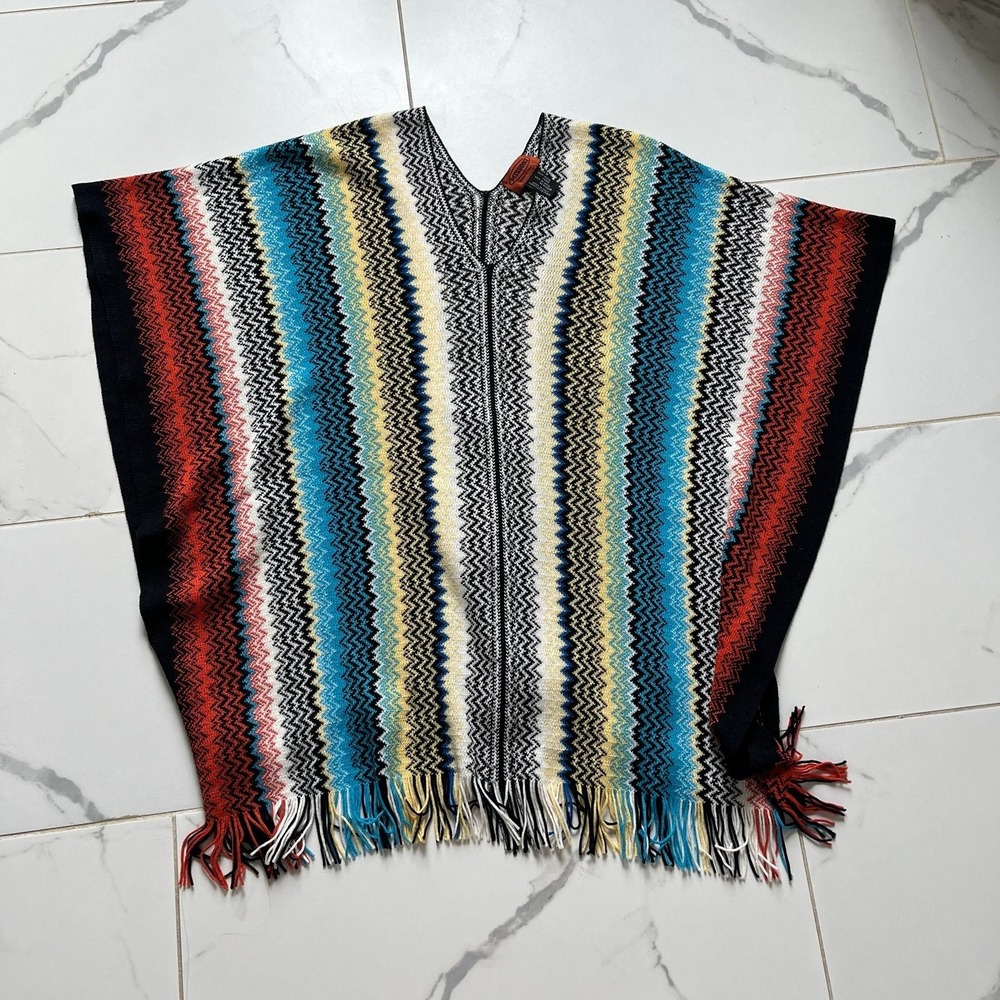 Missoni Multicolor Rainbow Chevron Fringe Pullover Poncho OS Wool Blend